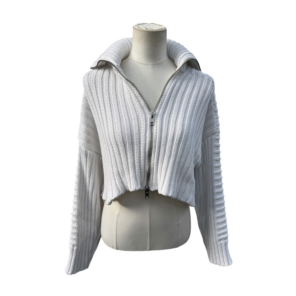 BDG Urban Outfitters White Ribbed Full Zip Cropped Sweater Small Oversized